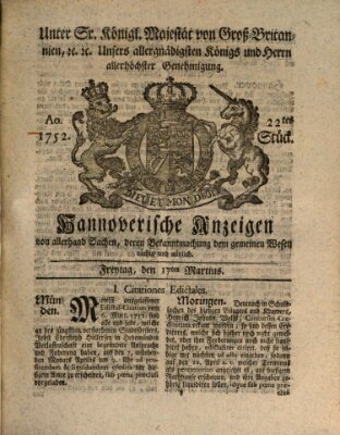 Hannoversche Anzeigen Freitag 17. März 1752