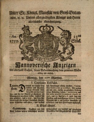 Hannoversche Anzeigen Montag 20. März 1752