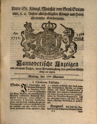 Hannoversche Anzeigen Montag 27. März 1752