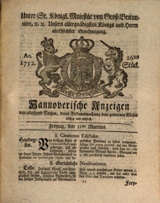 Hannoversche Anzeigen Freitag 31. März 1752