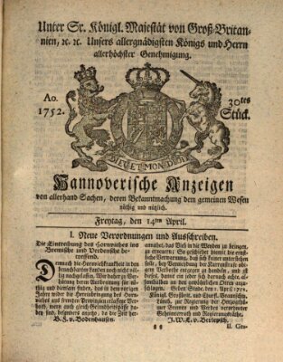 Hannoversche Anzeigen Freitag 14. April 1752