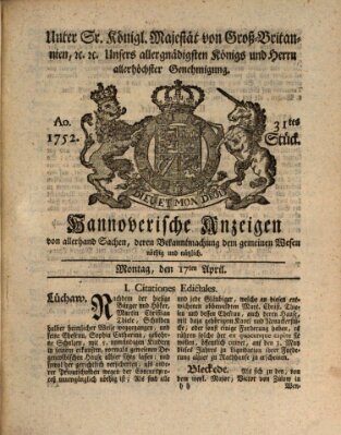 Hannoversche Anzeigen Montag 17. April 1752