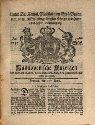 Hannoversche Anzeigen Freitag 21. April 1752