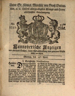 Hannoversche Anzeigen Montag 24. April 1752