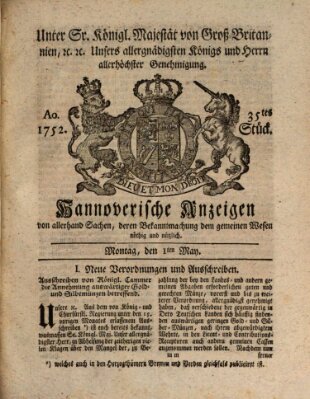 Hannoversche Anzeigen Montag 1. Mai 1752