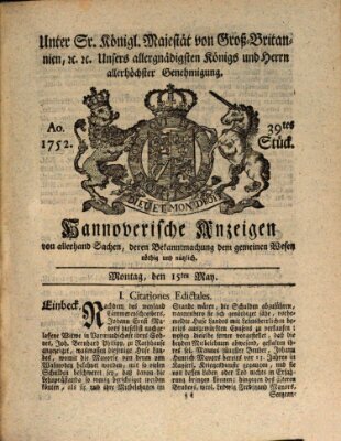 Hannoversche Anzeigen Montag 15. Mai 1752