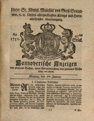 Hannoversche Anzeigen Montag 5. Juni 1752