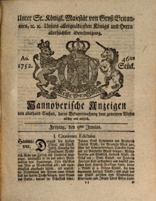 Hannoversche Anzeigen Freitag 9. Juni 1752