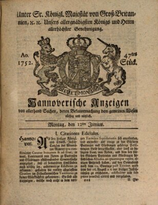 Hannoversche Anzeigen Montag 12. Juni 1752