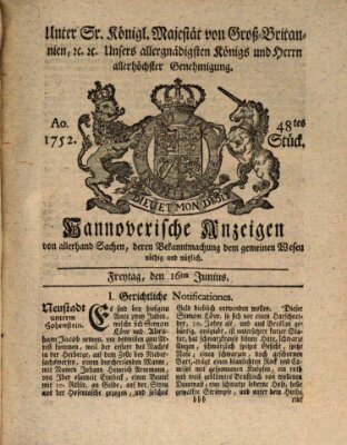 Hannoversche Anzeigen Freitag 16. Juni 1752