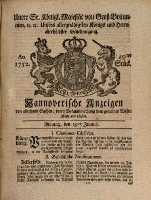 Hannoversche Anzeigen Montag 19. Juni 1752