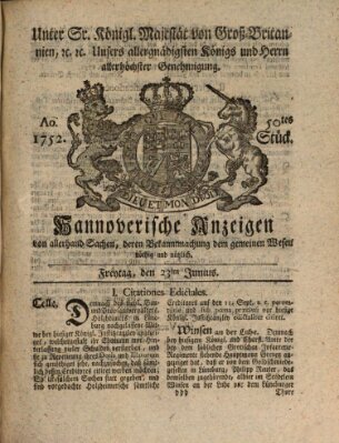 Hannoversche Anzeigen Freitag 23. Juni 1752