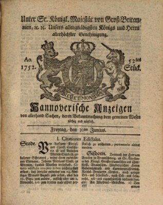 Hannoversche Anzeigen Freitag 30. Juni 1752