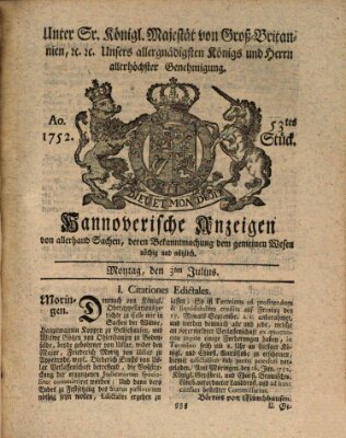 Hannoversche Anzeigen Montag 3. Juli 1752