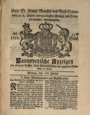 Hannoversche Anzeigen Montag 10. Juli 1752