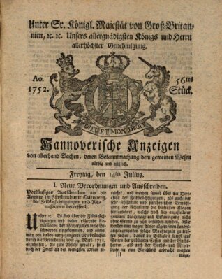 Hannoversche Anzeigen Freitag 14. Juli 1752