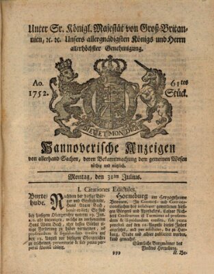 Hannoversche Anzeigen Montag 31. Juli 1752