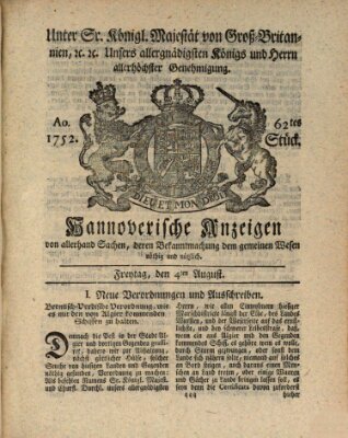 Hannoversche Anzeigen Freitag 4. August 1752