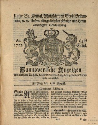 Hannoversche Anzeigen Freitag 11. August 1752