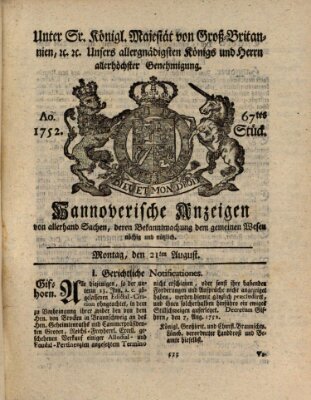 Hannoversche Anzeigen Montag 21. August 1752