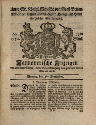 Hannoversche Anzeigen Montag 4. September 1752