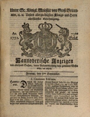 Hannoversche Anzeigen Freitag 8. September 1752