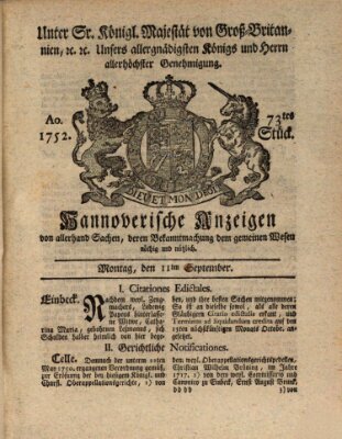 Hannoversche Anzeigen Montag 11. September 1752