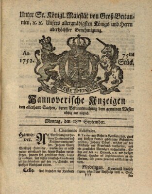 Hannoversche Anzeigen Montag 18. September 1752