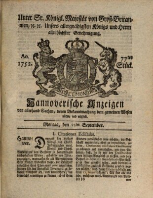 Hannoversche Anzeigen Montag 25. September 1752