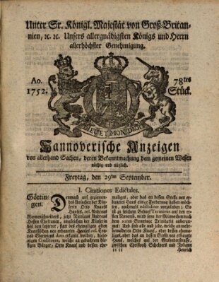 Hannoversche Anzeigen Freitag 29. September 1752