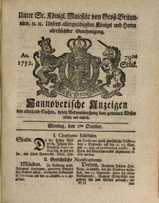 Hannoversche Anzeigen Montag 2. Oktober 1752