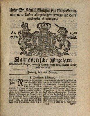 Hannoversche Anzeigen Freitag 6. Oktober 1752