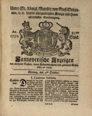 Hannoversche Anzeigen Montag 9. Oktober 1752