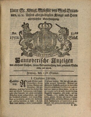 Hannoversche Anzeigen Freitag 13. Oktober 1752