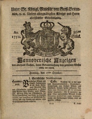 Hannoversche Anzeigen Freitag 27. Oktober 1752