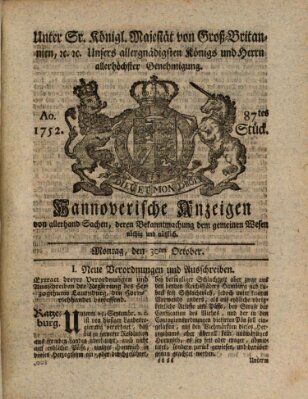 Hannoversche Anzeigen Montag 30. Oktober 1752