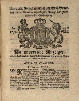 Hannoversche Anzeigen Freitag 3. November 1752