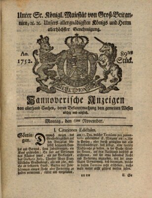 Hannoversche Anzeigen Montag 6. November 1752