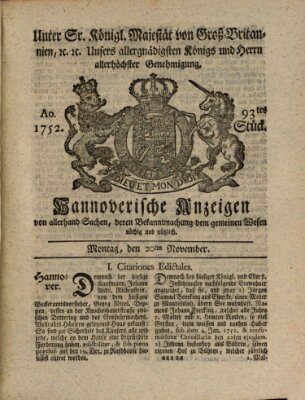 Hannoversche Anzeigen Montag 20. November 1752