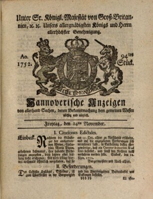 Hannoversche Anzeigen Freitag 24. November 1752