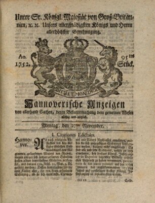 Hannoversche Anzeigen Montag 27. November 1752