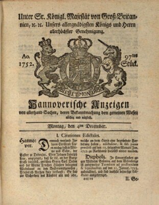 Hannoversche Anzeigen Montag 4. Dezember 1752