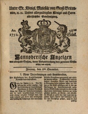 Hannoversche Anzeigen Freitag 8. Dezember 1752