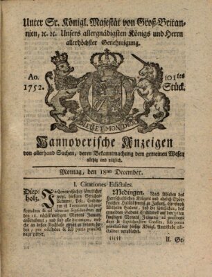 Hannoversche Anzeigen Montag 18. Dezember 1752