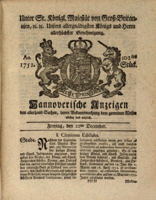 Hannoversche Anzeigen Freitag 22. Dezember 1752