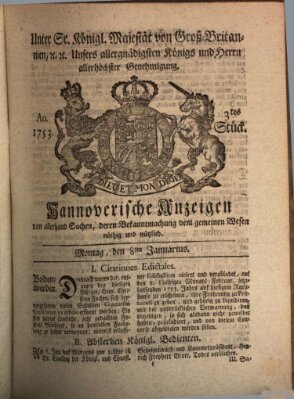 Hannoversche Anzeigen Montag 8. Januar 1753