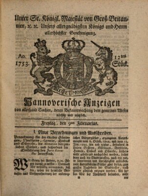 Hannoversche Anzeigen Freitag 9. Februar 1753