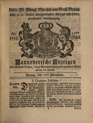 Hannoversche Anzeigen Montag 19. Februar 1753