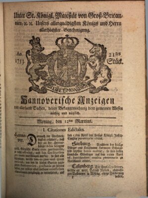 Hannoversche Anzeigen Montag 12. März 1753