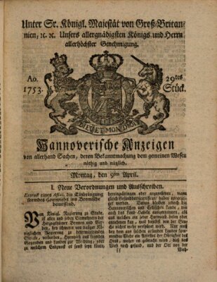 Hannoversche Anzeigen Montag 9. April 1753